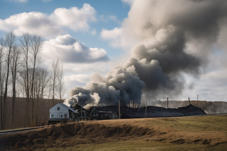steam rising from coal mine, with clouds in the background, created with generative aiの素材