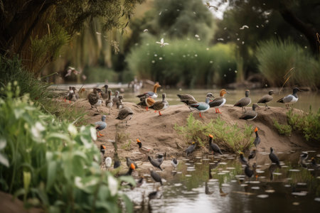 riverbank crowded with plants and animals, including water birds, created with generative aiの素材
