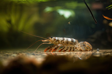 adult tiger shrimp prawn swimming in serene underwater environment, created with generative aiの素材