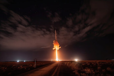 rocket launches create streaks of light and smoke against the black sky, created with generative aiの素材