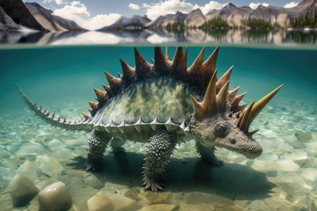 stegosaurus swimming in crystal-clear lake, created with generative aiの素材