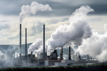 chemical factory, with smoke and steam billowing from the chimneys, created with generative aiの素材