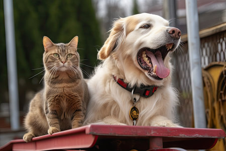 a dog and cat riding a roller coaster together, their tongues hanging out in excitement, created with generative aiの素材