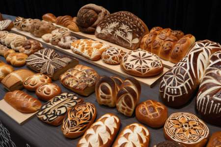 an artistic display of different breads and their scores, highlighting the variety of shapes and designs, created with generative aiの素材