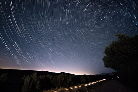 starry night sky, with trails of stars and moon visible in the background, created with generative aiの素材