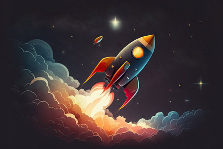 cute rocket start, with view of the night sky, and stars shining in the background, created with generative aiの素材