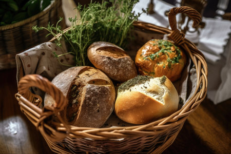 basket of freshly baked bread, topped with herbs and spices, created with generative aiの素材