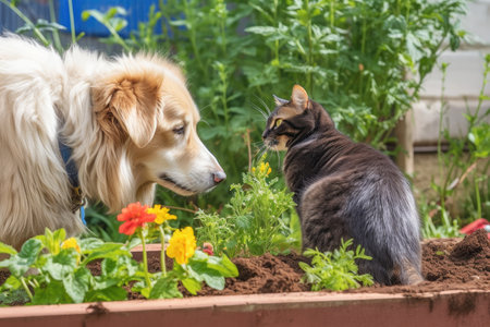 cat, digging and planting in garden, while dog watches nearby, created with generative aiの素材