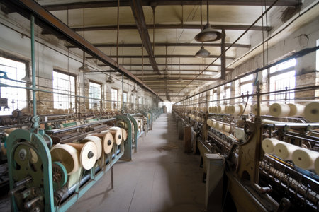textile factory, with machines humming and the sound of spinning wheels in motion, created with generative aiの素材