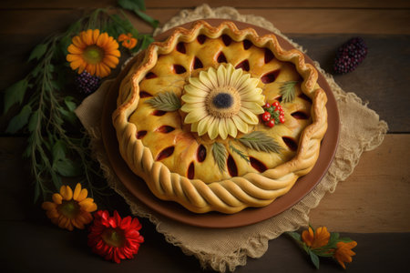 traditional dish of holiday with apple in shape of flower tyrolean pie, created with generative aiの素材