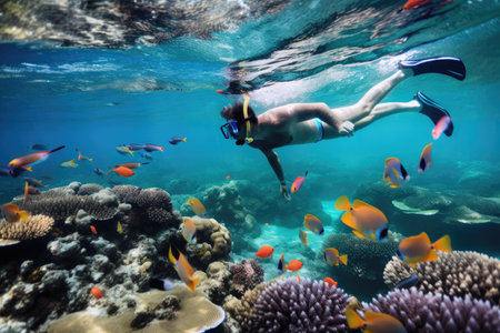 snorkeler, exploring the underwater world, surrounded by colorful fish and coral, created with generative aiの素材