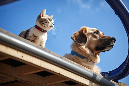 a dog riding the roller coaster, while a cat watches from below, created with generative aiの素材