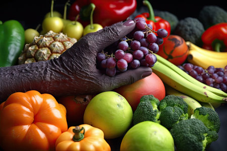 close-up of aliens hand, holding freshly purchased fruits and vegetables, created with generative aiの素材