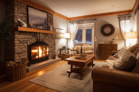 cozy living room with fireplace, comfortable furniture and warm decor, created with generative aiの素材