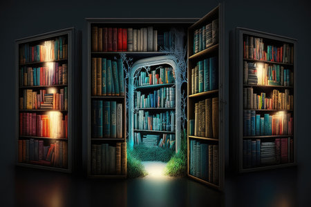 bookshelves lined with books, each one having its own unique cover design, created with generative aiの素材