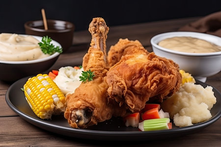 fried chicken drumstick, surrounded by combination of mashed potatoes and gravy, corn on the cob, and vegetables, created with generative aiの素材