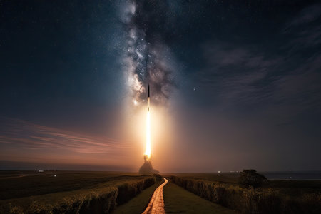 rocket launch, with view of earth visible on the horizon, against backdrop of stars and planets, created with generative aiの素材