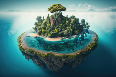 a surreal floating island with a tropical lagoon, surrounded by crystal clear waters and lush greenery., created with generative aiの素材