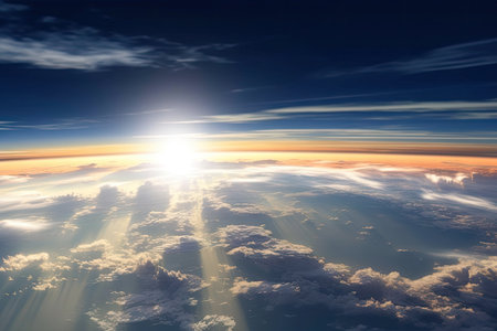 sunrise over globe, with the suns rays illuminating the clouds, and highlighting the continents, created with generative aiの素材