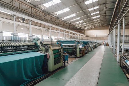 large textile factory, with production lines and whirring machines, created with generative aiの素材