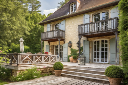 french country house exterior with garden, hanging lanterns and wooden deck, created with generative aiの素材