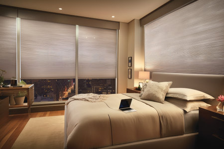 automated blinds and shades with remote control operate from the comfort of your bed, created with generative aiの素材