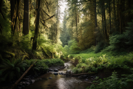 forest landscape with towering trees, rushing stream, and abundant wildlife, created with generative aiの素材
