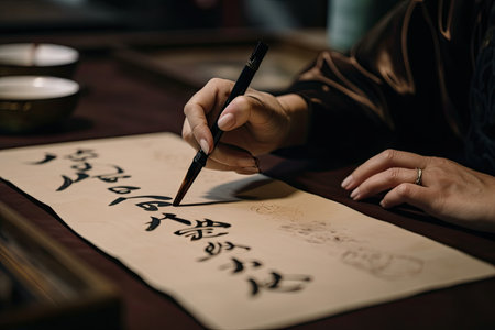calligraphy workshop, with instructor teaching techniques and tips, created with generative aiの素材