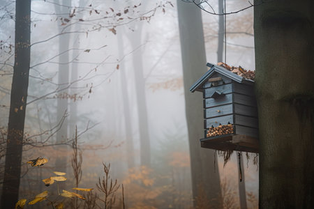 view of birdhouse and feeder in the misty woods, created with generative aiの素材