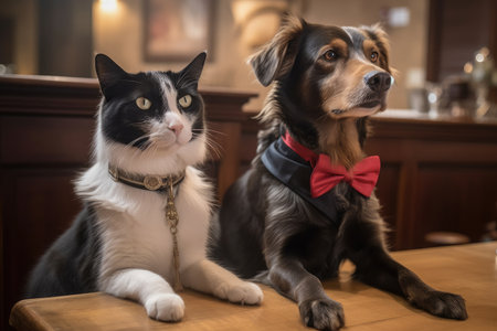 a dog and a cat wearing their finest formal attire attending a formal social event, created with generative aiの素材