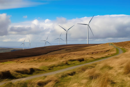 wind farm, with turbines spinning in the breeze, created with generative aiの素材
