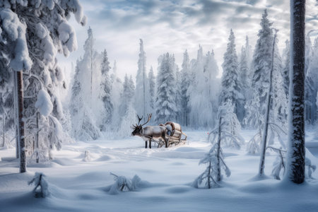 beautiful holiday scene with snow-covered forest, sleigh and reindeer, created with generative aiの素材