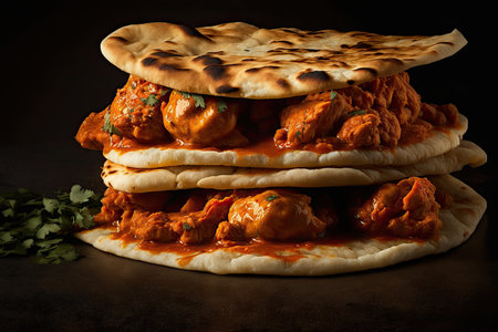 stack of warm naan bread, topped with spicy and flavorful chicken tikka masala, created with generative aiの素材