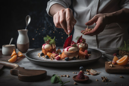 food stylist, working with chef to create visually stunning and mouthwatering dishes for cookbook, created with generative aiの素材
