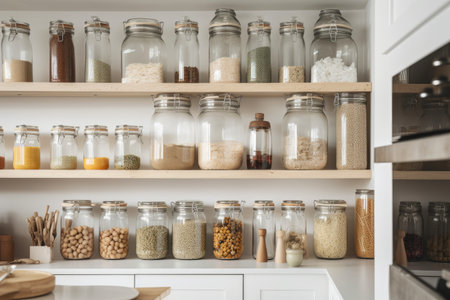 minimalist kitchen with all food neatly stored in glass jars and clearly labeled, created with generative aiの素材