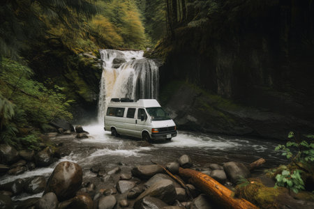 van, stopping at scenic waterfall with rushing water, created with generative aiの素材