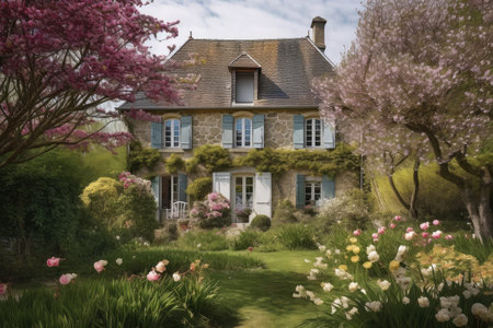 french country house, surrounded by blooming garden, in spring, created with generative aiの素材