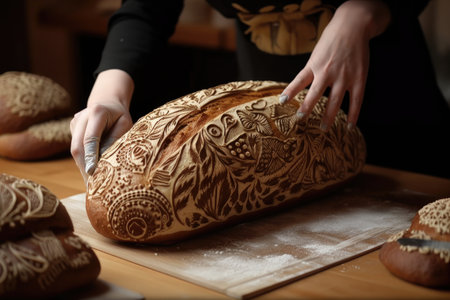 a baker, scoring a loaf of bread with intricate designs for a fanciful and festive look, created with generative aiの素材