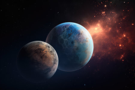 planet, with atmosphere of different hues and shades, against starry background, created with generative aiの素材