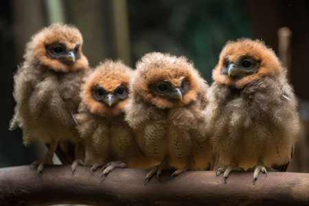 baby owls on branch, with their heads tilted at different angles, created with generative aiの素材