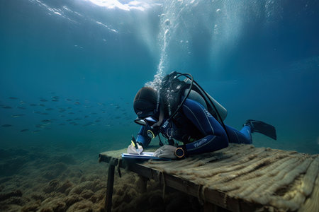 marine biologist, conducting research on the ocean floor, surrounded by schools of fish, created with generative aiの素材