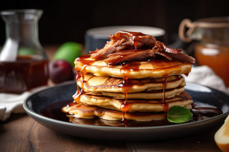 stacks of warm pancakes topped with fried duck and drizzle of maple syrup, created with generative aiの素材