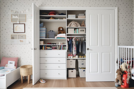 a childs room with a well-organized closet, dresser, and bookshelf, created with generative aiの素材