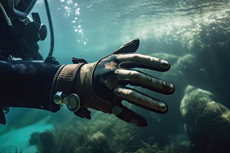 close-up of hand, with scuba gear and dive knife, surrounded by peaceful underwater scene, created with generative aiの素材