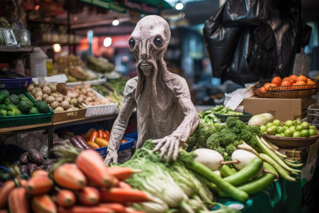 alien in market, buying fresh ingredients for culinary experiment, created with generative aiの素材