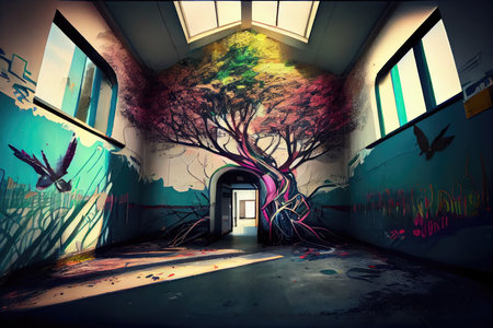 school or hospital, with graffiti art adding a touch of color and life to the facilities, created with generative aiの素材