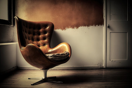 hdr of brown leather chair against a white wall, created with generative aiの素材