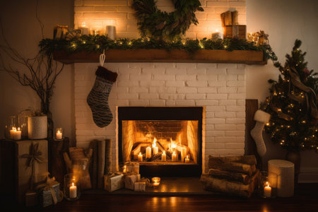 a warm and cozy fireplace surrounded by wreaths, stockings, candles, and gifts, created with generative aiの素材
