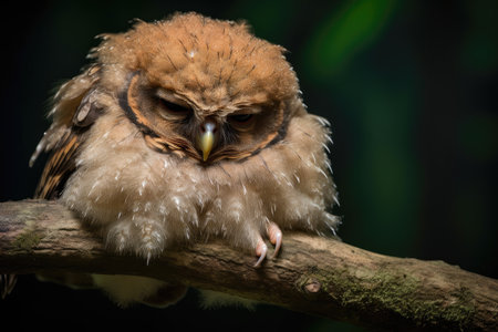 baby owl with eyes closed, resting on a branch, created with generative aiの素材