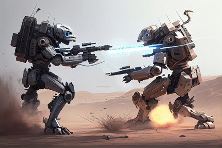 a battle between two robots, each equipped with laser guns and additional weapons, created with generative aiの素材